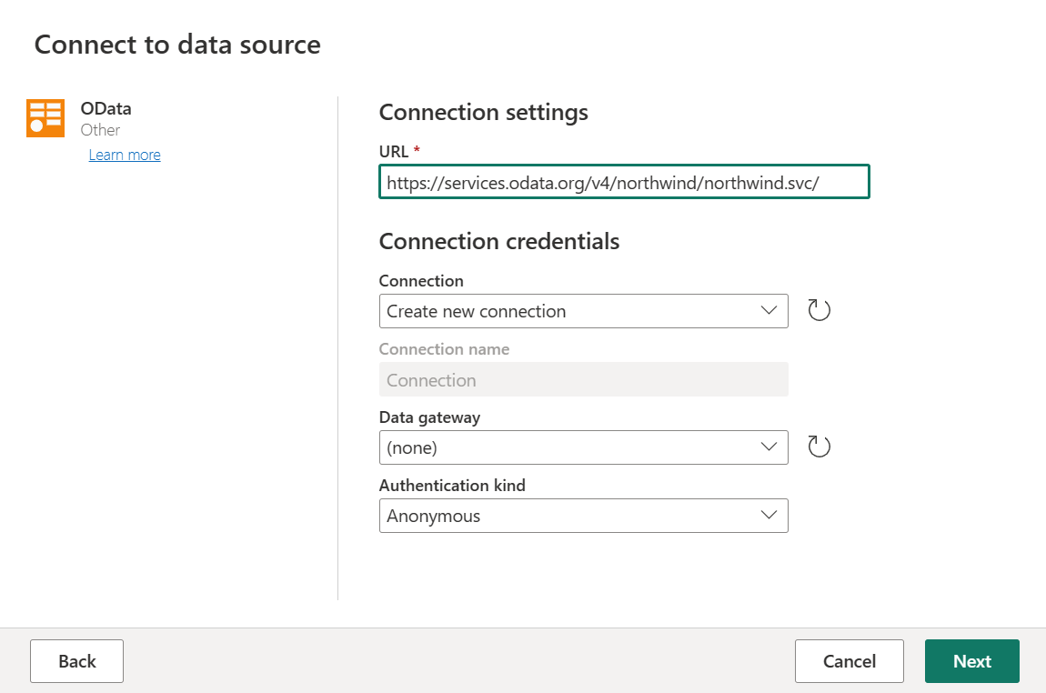 输入数据 URL 的 OData 数据源的屏幕截图。