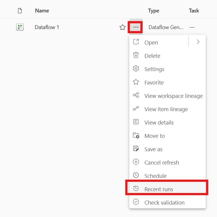 突出显示“刷新历史记录”的数据流下拉框的屏幕截图。