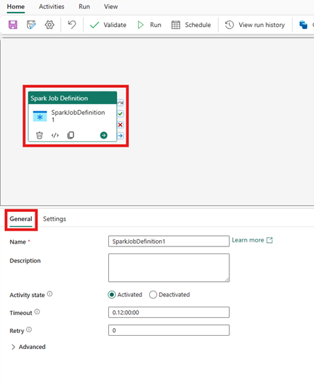 显示管道编辑器画布上的 Spark 作业定义活动的屏幕截图。