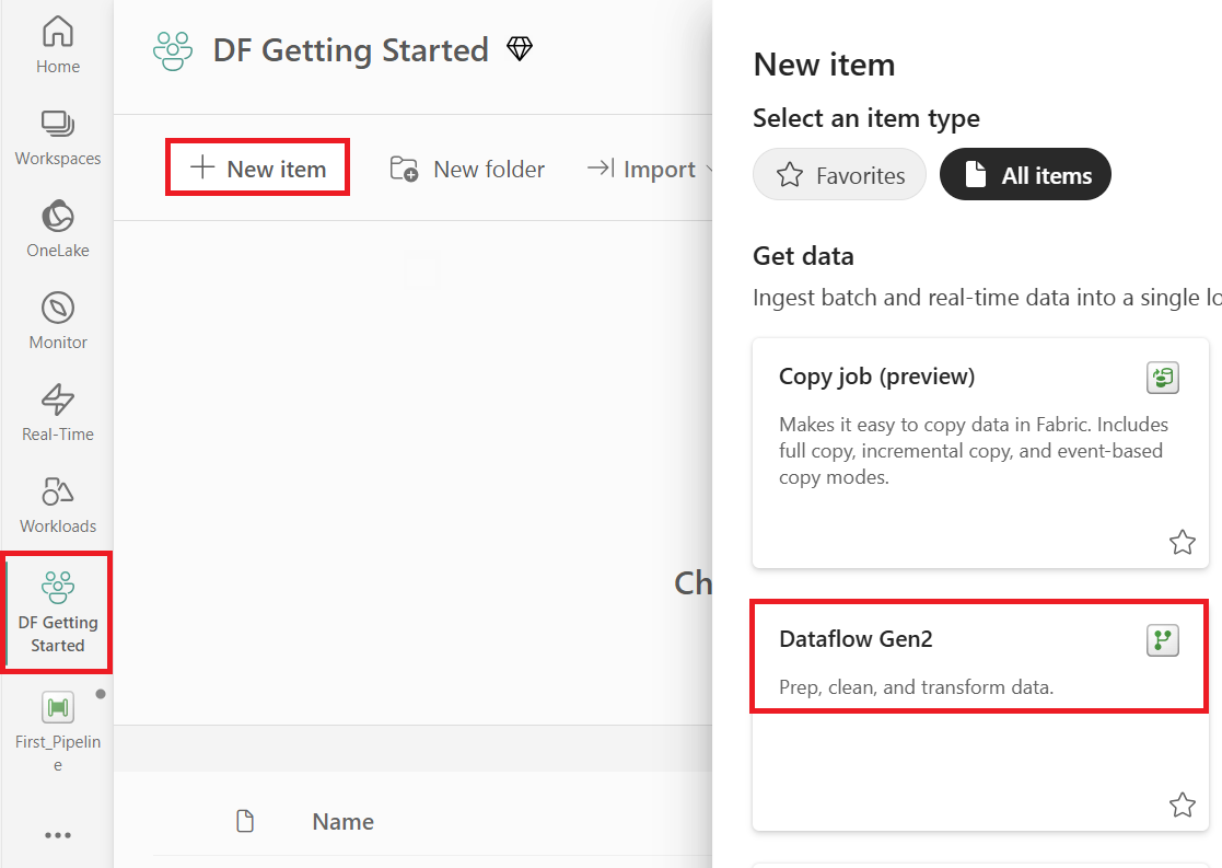 Screenshot showing the Fabric Create page with the Dataflow Gen2 button highlighted.