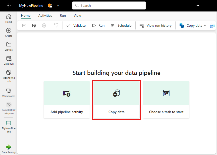 Screenshot showing the Copy data button on a new pipeline.