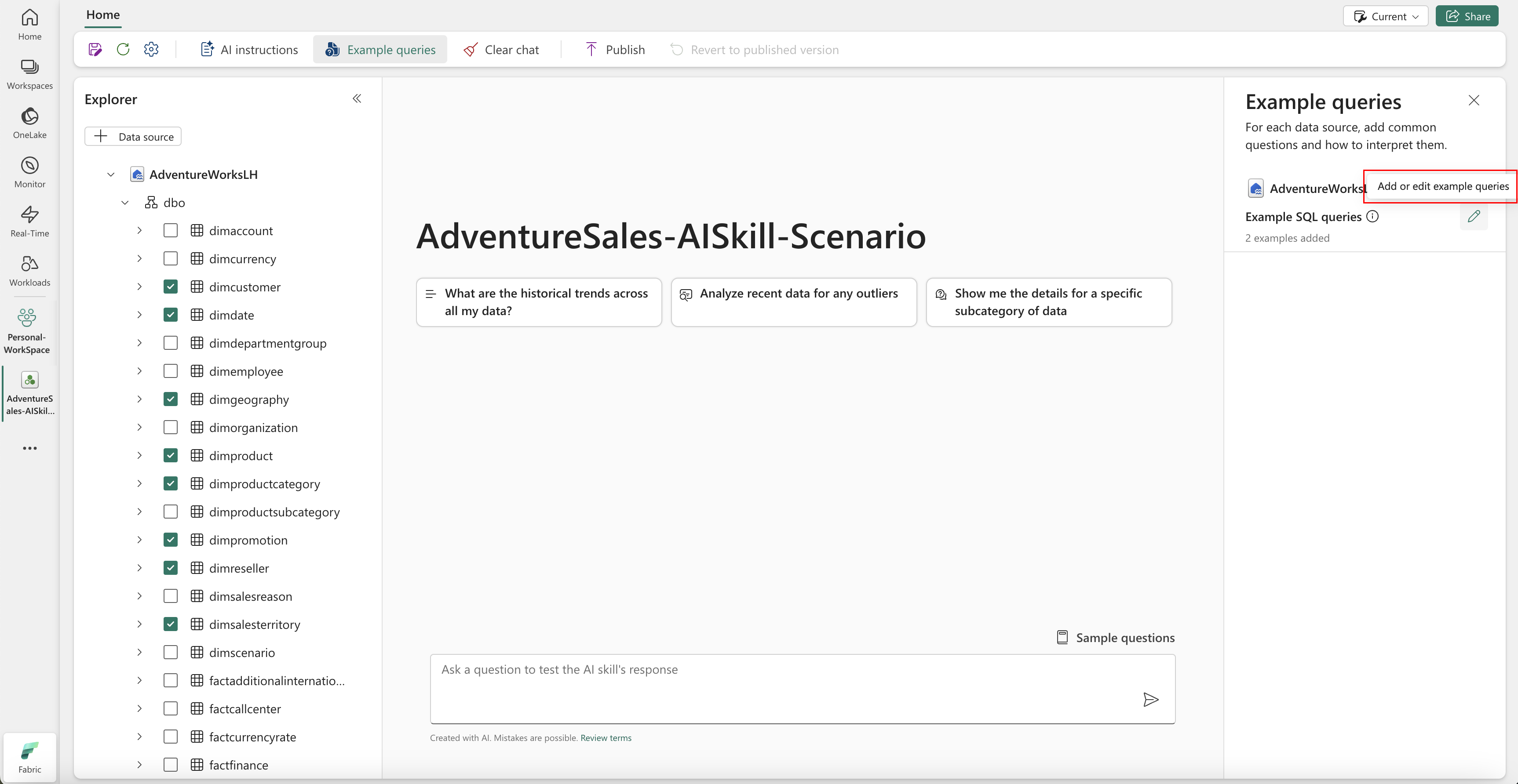 屏幕截图,其中显示了向 AI 添加示例的位置。