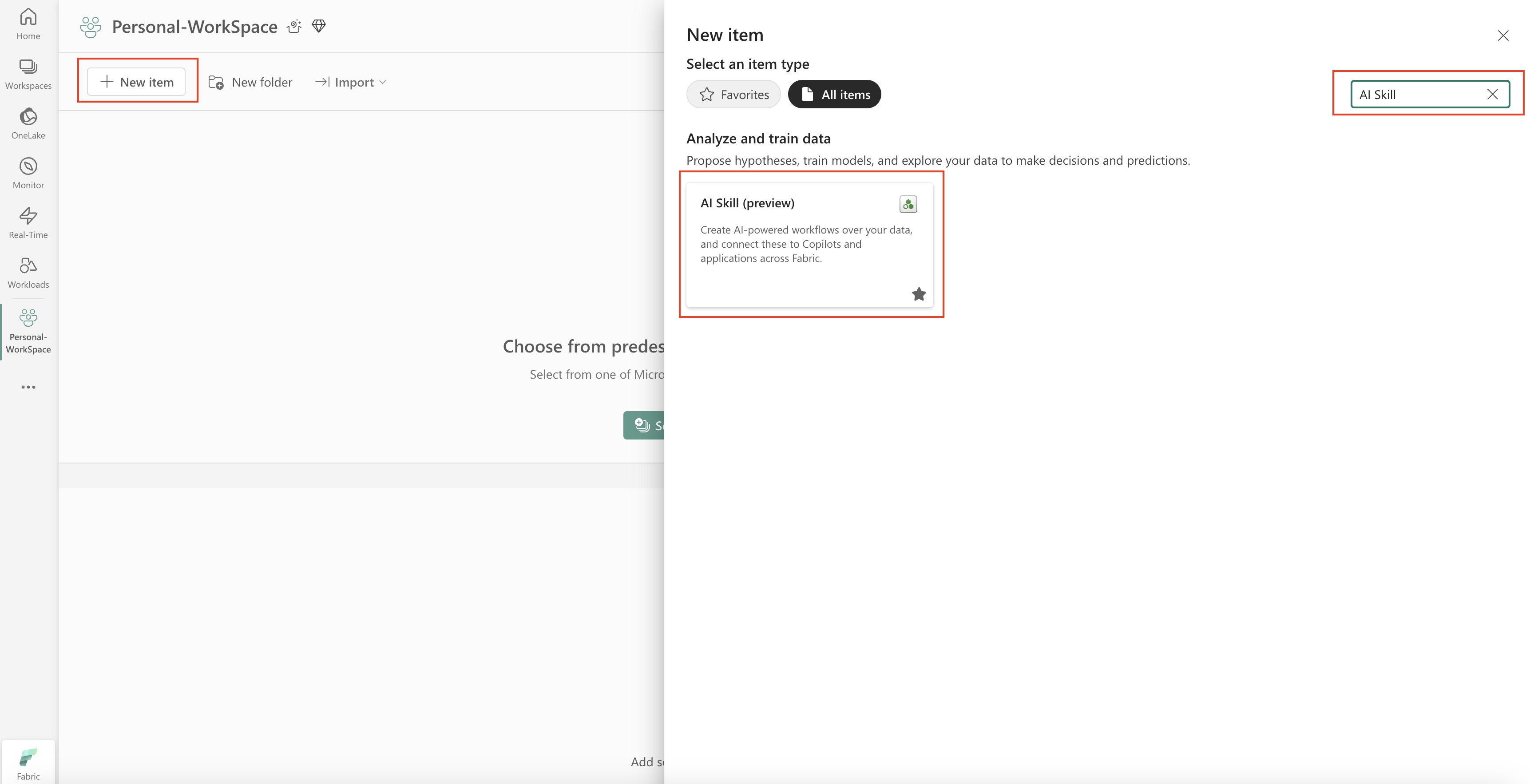 屏幕截图,显示创建 AI 技能的位置。