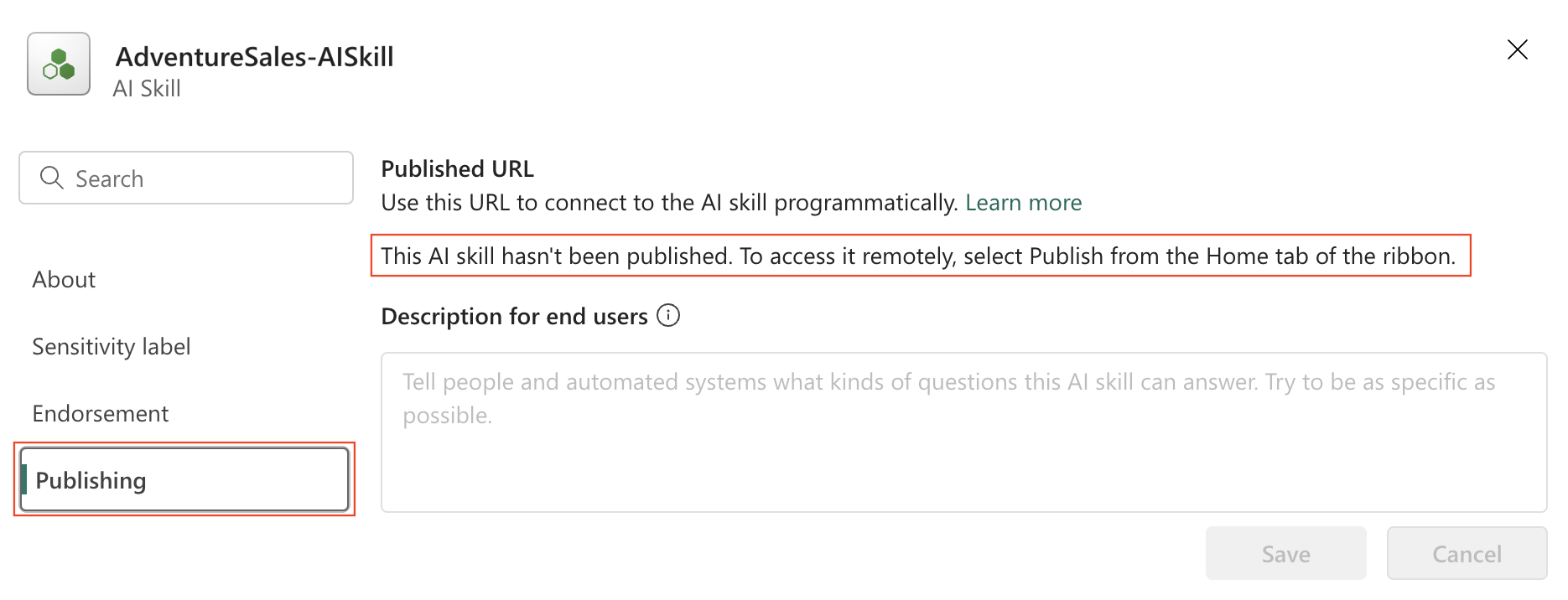 显示 AI 技能在发布前不存在已发布 URL 值的屏幕截图。