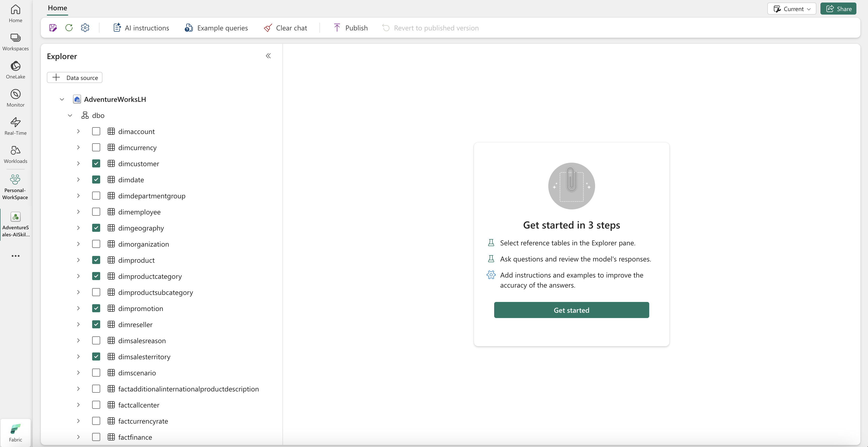 屏幕截图,其中显示了可以为 AI 选择表的位置。
