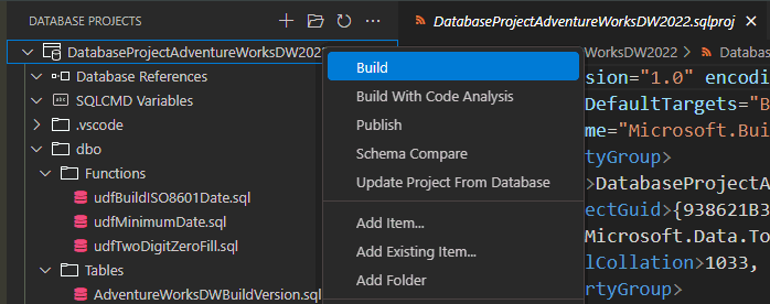 Visual Studio Code中的截图，显示了构建数据库项目的选项。