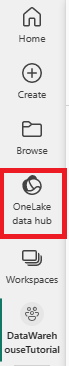 导航菜单的屏幕截图，显示在何处选择“OneLake 数据中心”。