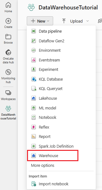 Screenshot of the workspace screen, showing where to select Warehouse in the New drop-down menu.
