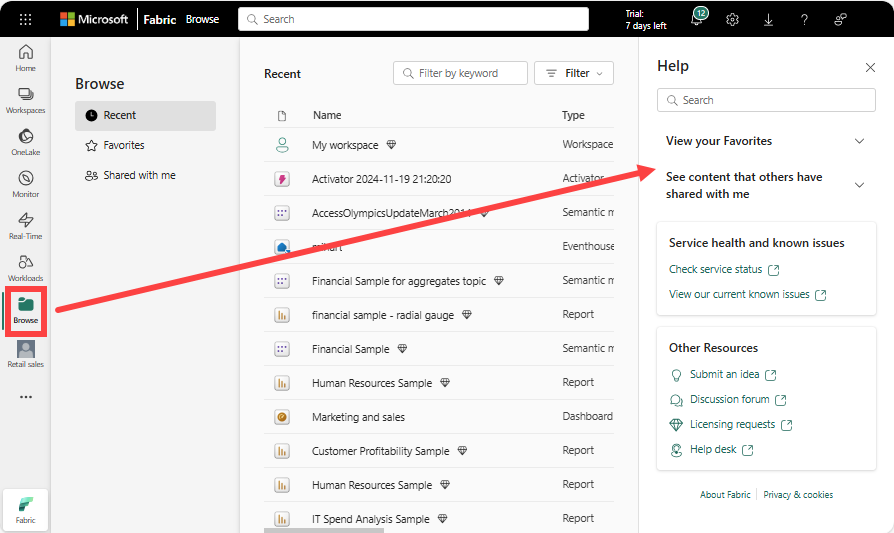 “帮助”窗格的屏幕截图,在数据工厂中选择了“最近”。