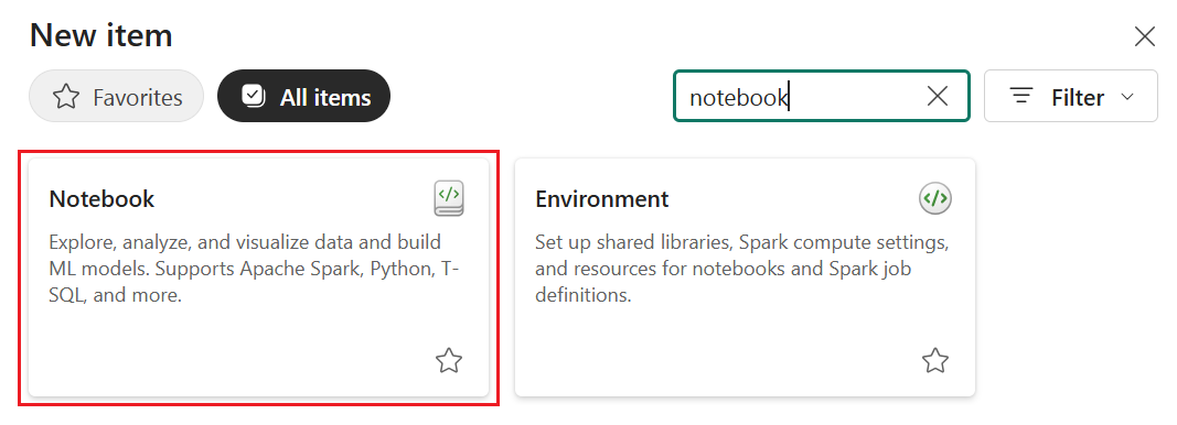 包含文本笔记本的搜索框的“Microsoft Fabric 新建项”对话框的屏幕截图。搜索结果显示包含文档图标的 Notebook 磁贴，其中显示了说明“创建笔记本”以浏览数据和生成机器学习模型。突出显示“笔记本”选项，指示可以选择创建新笔记本项。