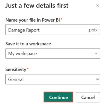 报表详细信息的屏幕截图,显示了报表的名称及其保存的工作区。标题为“继续”的按钮突出显示。