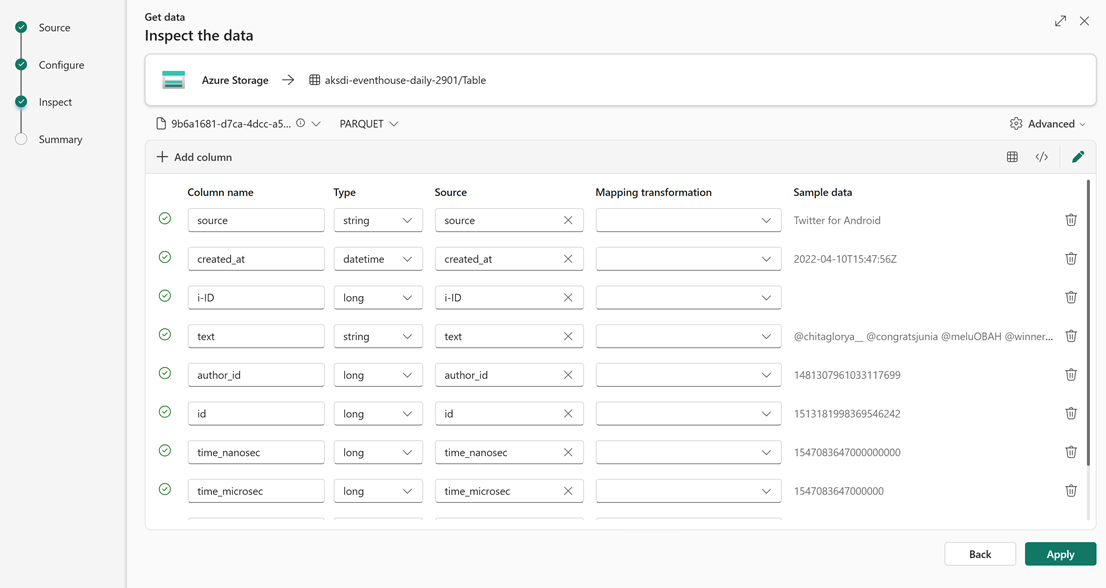 屏幕截图,其中显示了打开以供编辑的列。