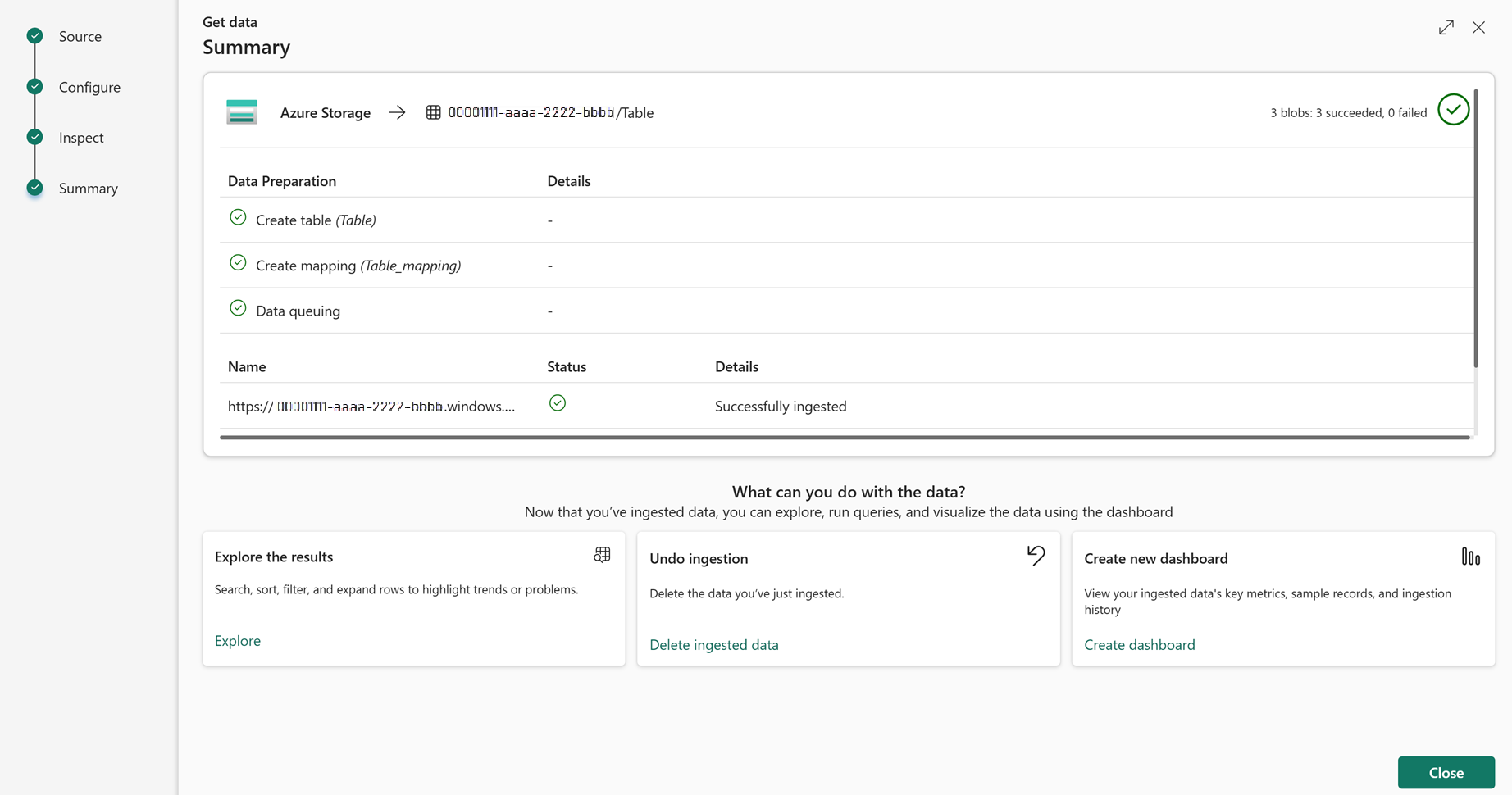 屏幕截图,其中显示了已成功完成数据引入的摘要页面。