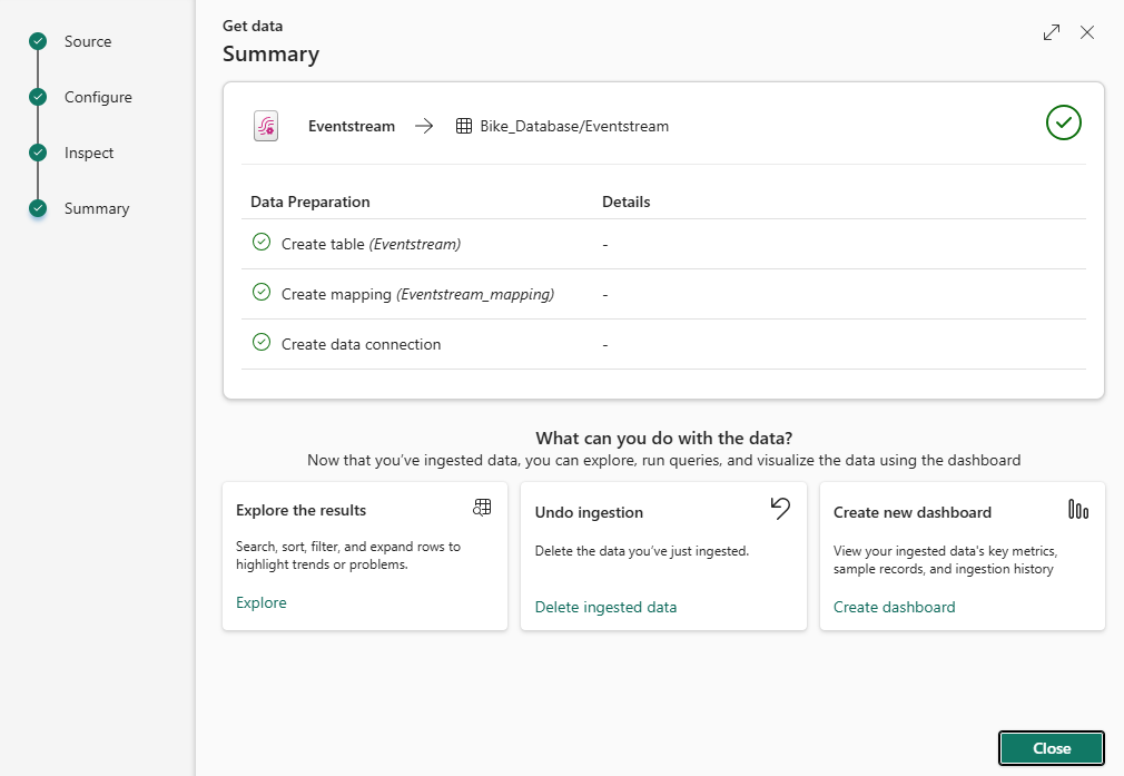 屏幕截图,其中显示了已成功完成数据引入的摘要页面。