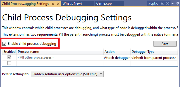 在 Visual Studio 中配置子进程调试