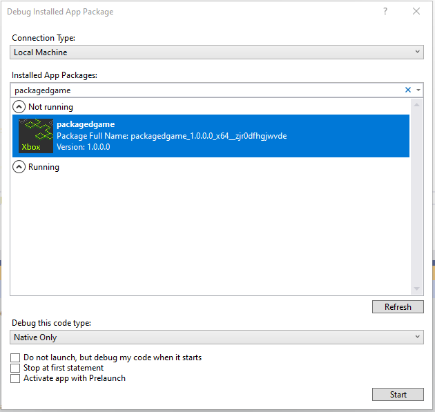 Visual Studio 中的“调试安装的应用包”对话框