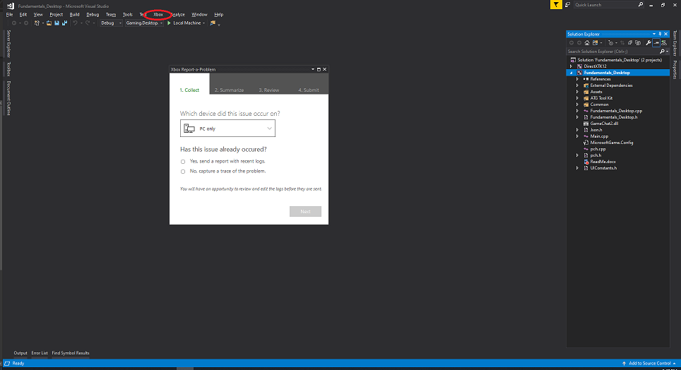 Visual Studio 中的 Xbox“报告问题”