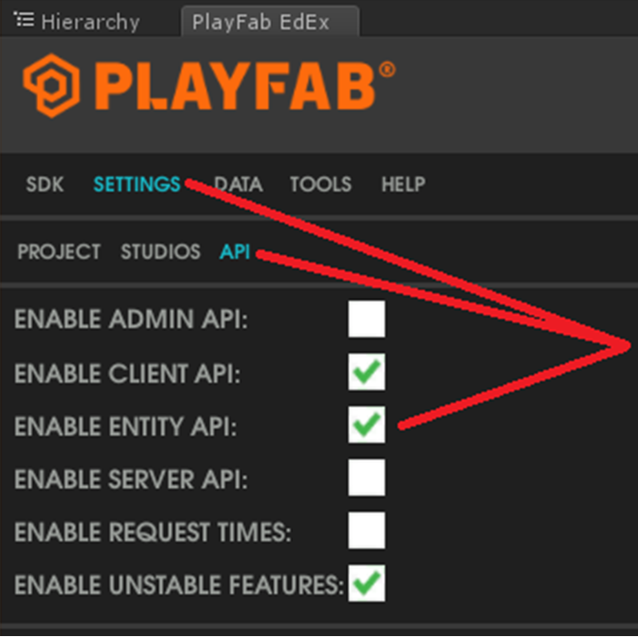 PlayFab - Settings - Enable Entity API