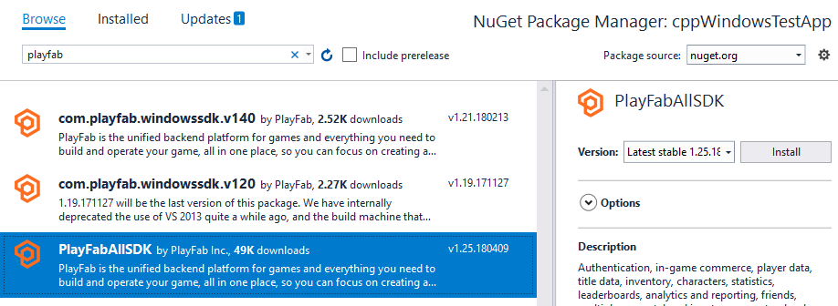 VS - 安装用于 PlayFab SDK 的 nuget 程序包。