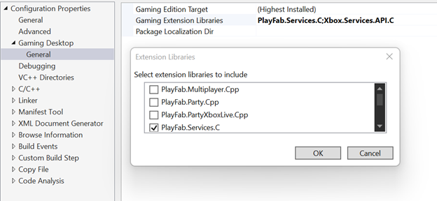 选择 PlayFab.Services.C 扩展库