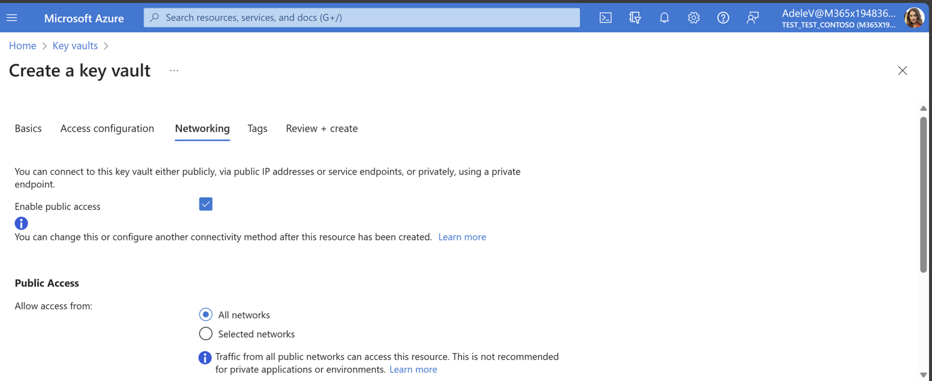 Azure 密钥保管库的“网络”选项卡的屏幕截图