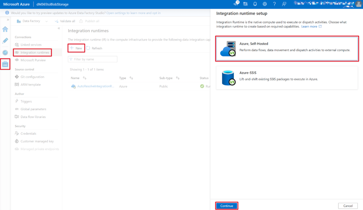 Azure 门户数据工厂服务页的屏幕截图，其中选择了“Azure 自承载”。