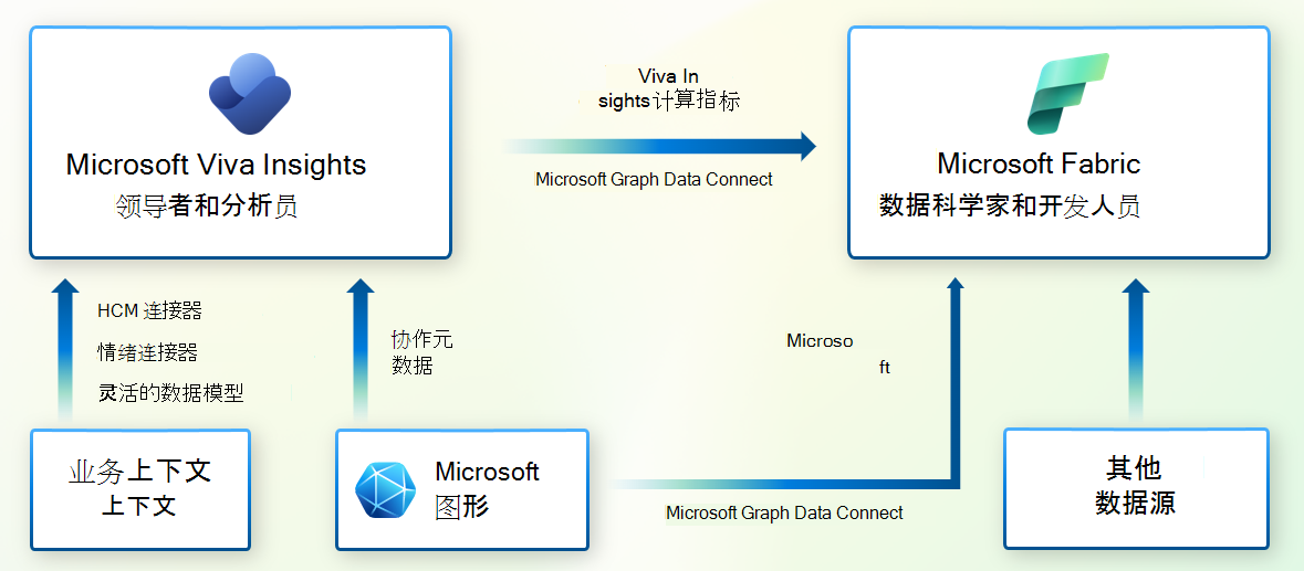 显示组织通过图形数据连接Microsoft获取的各种类型的Microsoft 365 数据的图像。