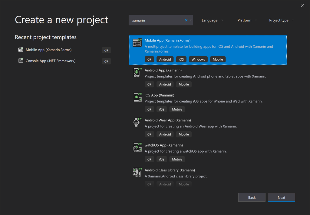 Visual Studio 2019 创建新项目对话框