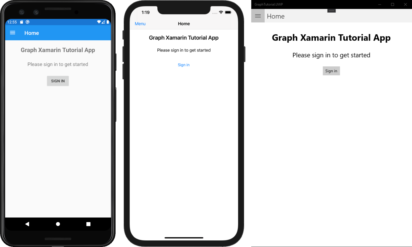 应用程序的 Android、iOS 和 UWP 版本的屏幕截图