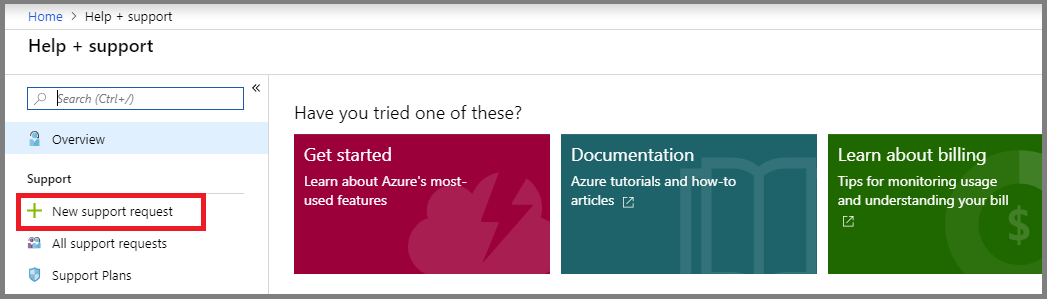 Azure 门户新的支持请求。