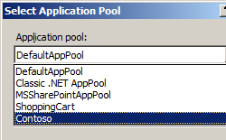 Screenshot of the Select Application Pool dialog box's Application pool field, which contains a drop-down menu of available options.
