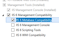 Screenshot of Management Tools and I I S 6 Management Compatibility pane expanded with I I S 6 Meta base Compatibility selected.