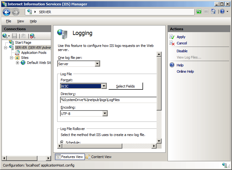 Screenshot of setting One log file per Server and Log File Format to W 3 C in the Logging pane.