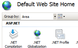 默认网站主屏幕的屏幕截图，其中显示了 dot NET Compilation、dot NET Globalization 和 dot NET Profile 选项。