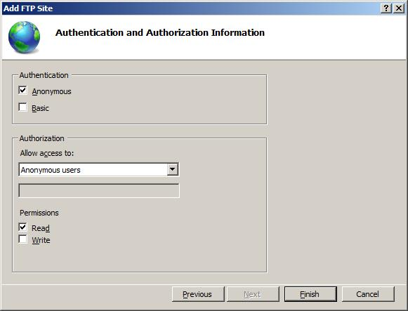 Screenshot of the I I S Manager window displaying the F T P Authentication page.