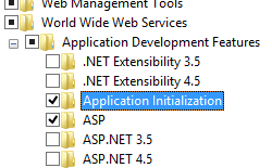 Screenshot that shows the Windows Features pane. Application Initialization is highlighted and turned on.