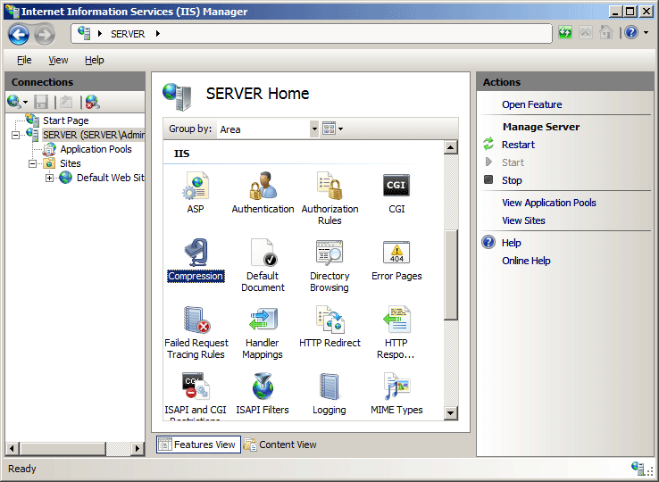 Internet Information Services Manager 的屏幕截图,其中在服务器的“主页”窗格中选择了“压缩”。