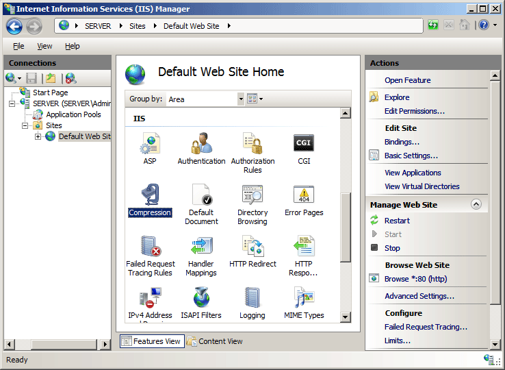 Internet Information Services Manager 的屏幕截图,其中在“主页”窗格中选择了“压缩”。