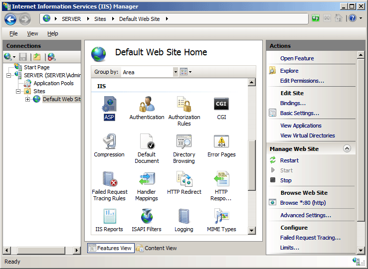 Screenshot that shows the Default Web Site Home pane. A S P is selected.