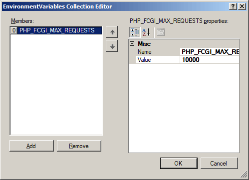 “环境变量集合编辑器”窗格的屏幕截图。P H P F C G I 突出显示。