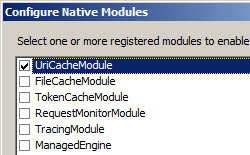 Screenshot of the Configure Native Modules dialog box. The registered module titled UriCacheModule is selected.