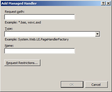 屏幕截图显示了“添加托管处理程序”对话框，其中包含“请求路径”、“类型和名称”字段。