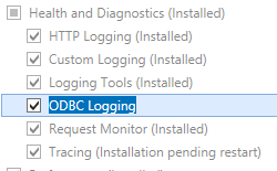 Screenshot shows the Health and Diagnostics features for Windows Server 2012 or Windows Server 2012 R2 with O D B C Logging selected.
