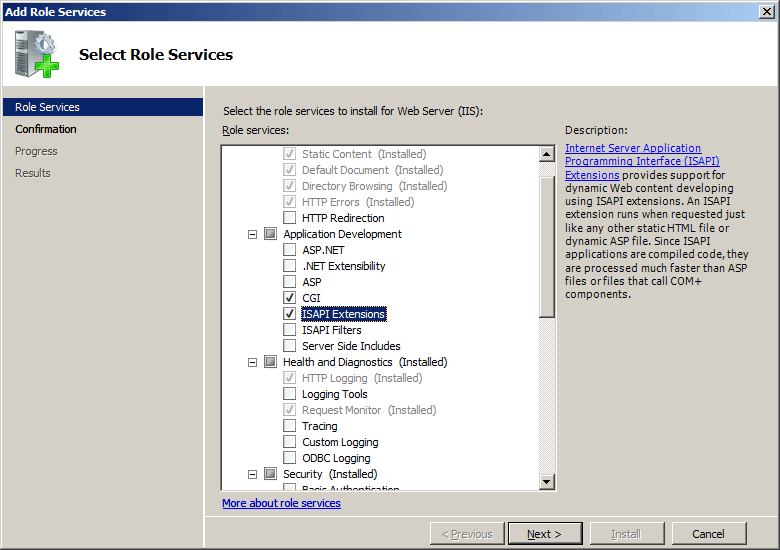 Screenshot of the Select Role Services wizard showing the I S A P I Extensions option being highlighted and selected.