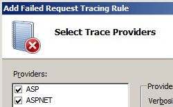 “选择跟踪提供程序”页的屏幕截图，其中显示了在“详细级别”下选择了“A S P”和“A S P NET”。