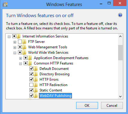 Image of Common H T T P Features pane in Turn Windows features on or off page expanded with Web DAV Publishing selected.