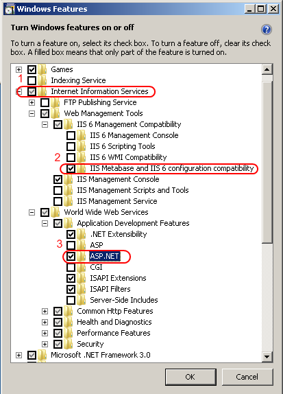 Windows 功能窗口的屏幕截图。三个复选框被圆圈。