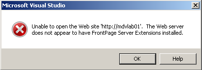 显示未安装 FrontPage Server Extensions 的 Microsoft Visual Studio 错误对话框的屏幕截图。