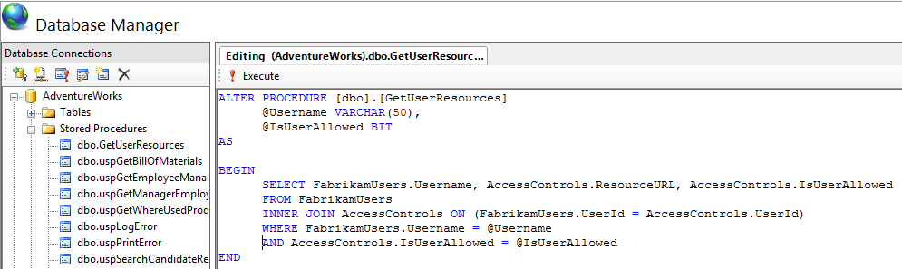 Screenshot of the Database Manager page. The connections navigation tree is expanded. The Execute button can be found on the query editor toolbar at the top.