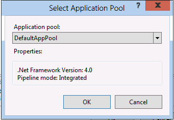 “选择应用程序池”对话框的屏幕截图，其中显示了默认应用池及其应用程序池中的属性。